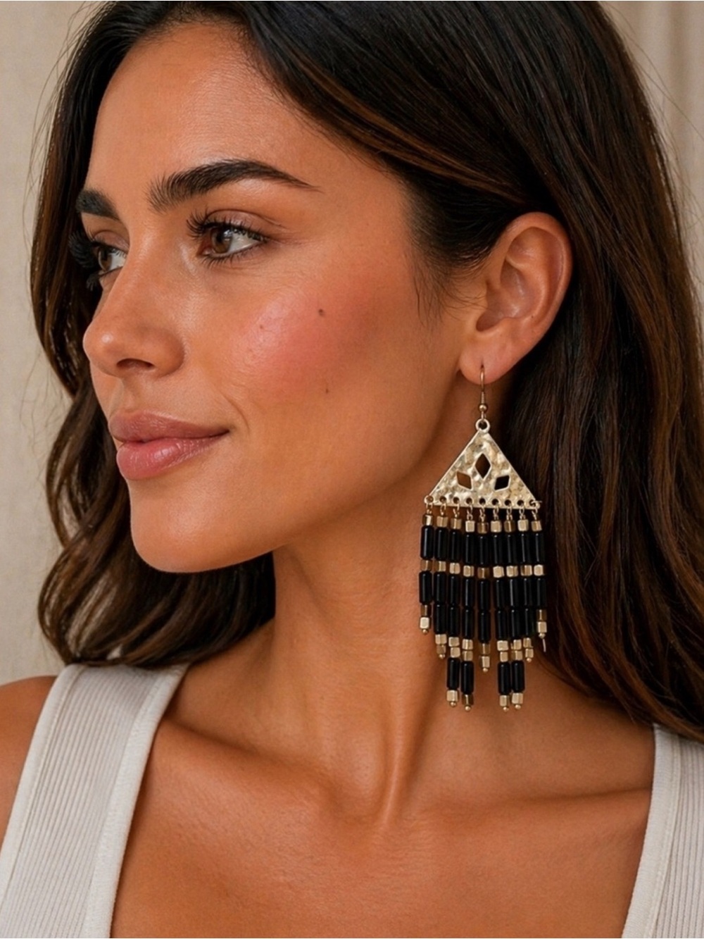 Black and Gold Beaded Fringe Earrings